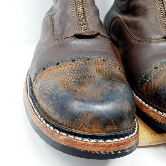 PSKaufman Chelsea Boots Mens 13‎ Brown Leather Front Zip Brogue Cap Toe Shoes